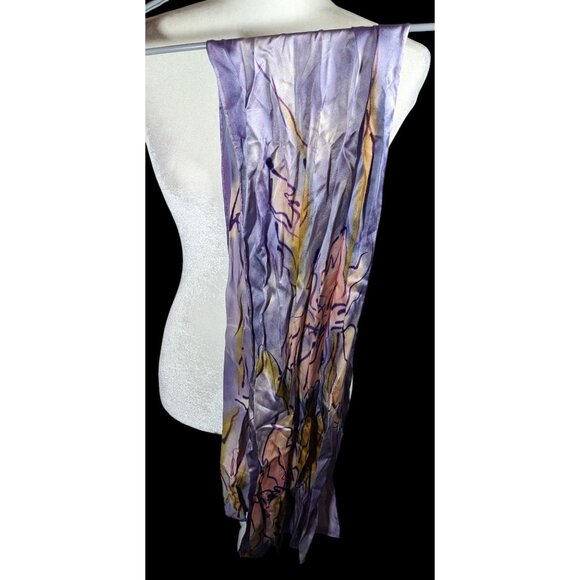 Abstract Floral Hand Painted Signed Purple Silk Art Scarf - Picture 3 of 7